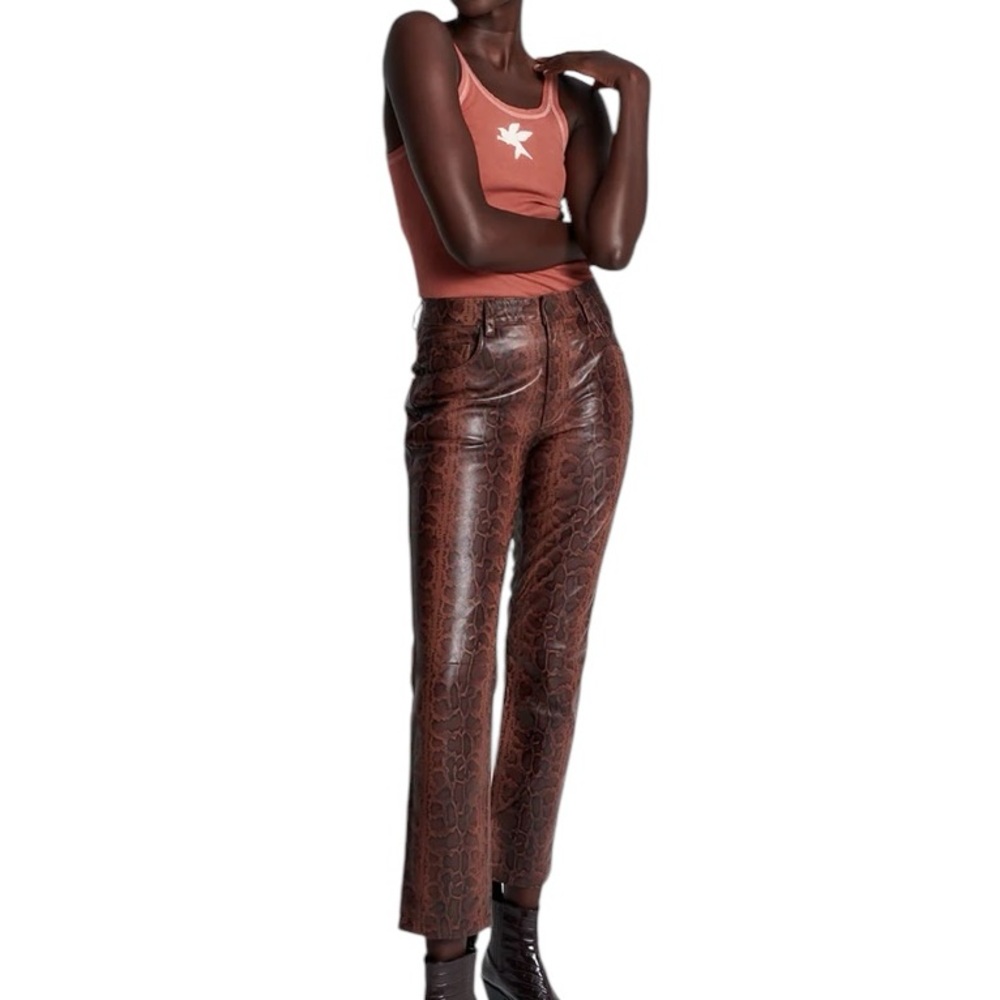 One Teaspoon Python Snakeskin Leather Trucker Pants Brown Cropped Straight